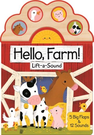 Farm animals in the door to a red barn